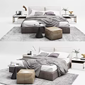 Modern Double Bed Interior With Bedside Tables Stool Rug And Decorative Pillows 3d model