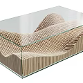 Elegant Modern Contemporary Coffee Table With Glass Top And Wooden Wave Slat Design