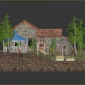 Cartoon Scene With Small Red Roof House Blue Roofed Pavilion Green Trees And Vegetable Garden