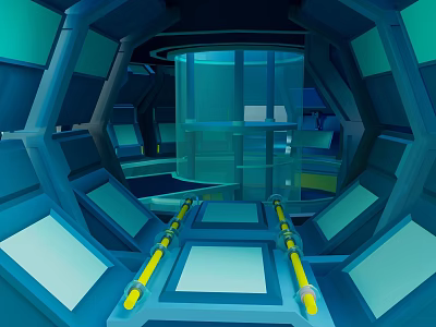 Blue Sci-Fi Interior With Transparent Glass Structure Hexagonal Frames Illuminated Panels And Yellow Handrail Walkway 3d model