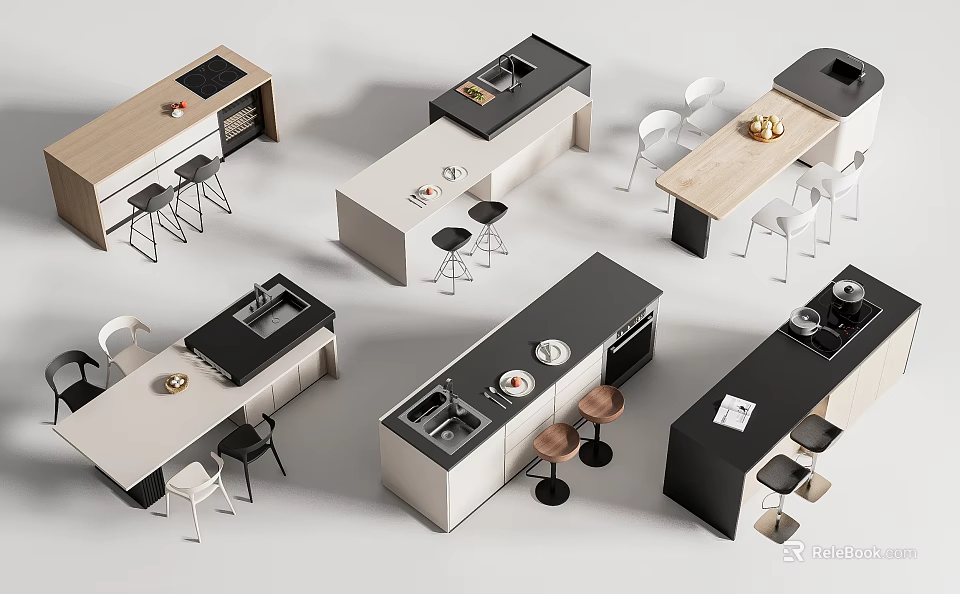 Modern Bar Counter Designs With Wooden Tops And Black White Stools 3d model 
