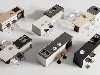 Modern Bar Counter Designs With Wooden Tops And Black White Stools 3d model