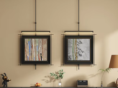 Framed Abstract Paintings Hanging On Wall With Green Plant Table Lamp And Radio Interior Decor 3d model