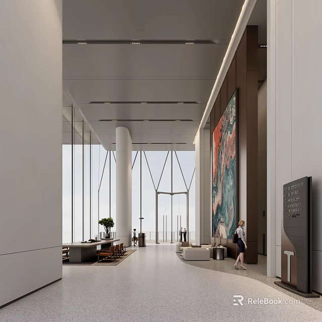 Spacious Modern Office Reception Lobby With High Ceiling Elegant Wall Art And Comfortable Lounge Spaces 3d model 