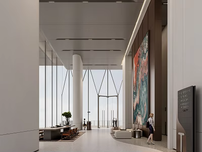 Spacious Modern Office Reception Lobby With High Ceiling Elegant Wall Art And Comfortable Lounge Spaces 3d model