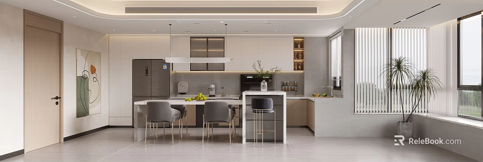 Modern Dining Room Interior Design With Dining Table Chairs And Pendant Lighting 3d model 