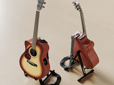 Two Acoustic Musical Instruments With Wooden Bodies On Black Stands For 3d model
