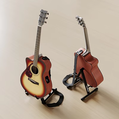 Two Acoustic Musical Instruments With Wooden Bodies On Black Stands For 3d model