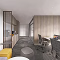 Public Office Space With Modern Design Open Layout Office Desks And Wooden Walls