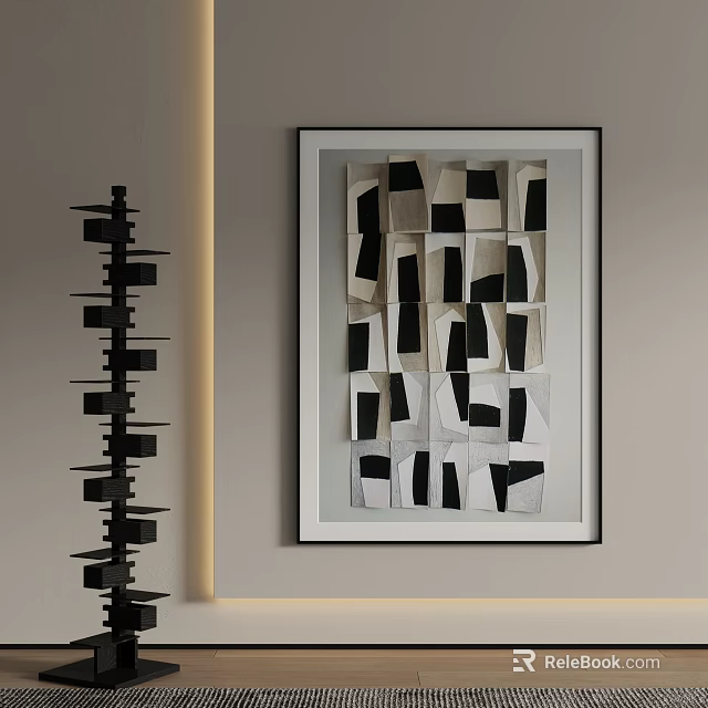 Modern Interior With Landscape Wall Art And Sculpture 3d model