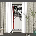 Light Colored Curtains with Green Plant and Small Table in Modern Interior 3d model