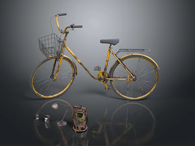 Yellow Vintage Bicycle With Front Metal Basket Rear Rack And Retro Accessories 3d model