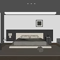 Modern Bedroom Interior Design With Upholstered Bed Nightstands Framed Artwork And Marble Accent Wall