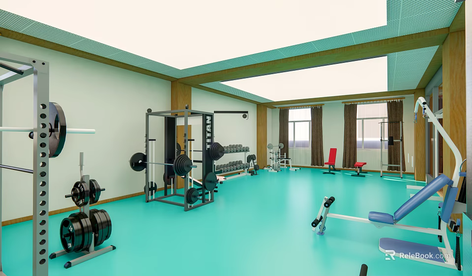 Spacious Fitness Gym With Barbells Dumbbells Weight Rack Windows And Green Floor 3d model 