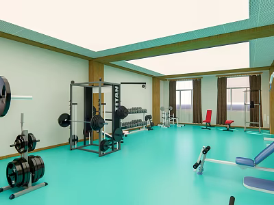 Spacious Fitness Gym With Barbells Dumbbells Weight Rack Windows And Green Floor 3d model