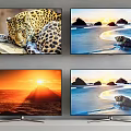 Multiple TV Screens Display Leopard Sunrise And Beach Rock Nature Scenes
