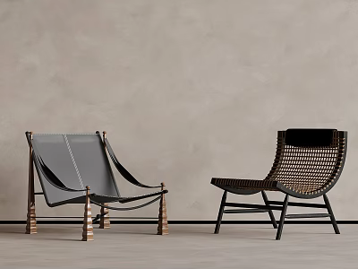 Stylish Folding Leather And Rattan Chairs With Wooden Legs For Home Interior 3d model