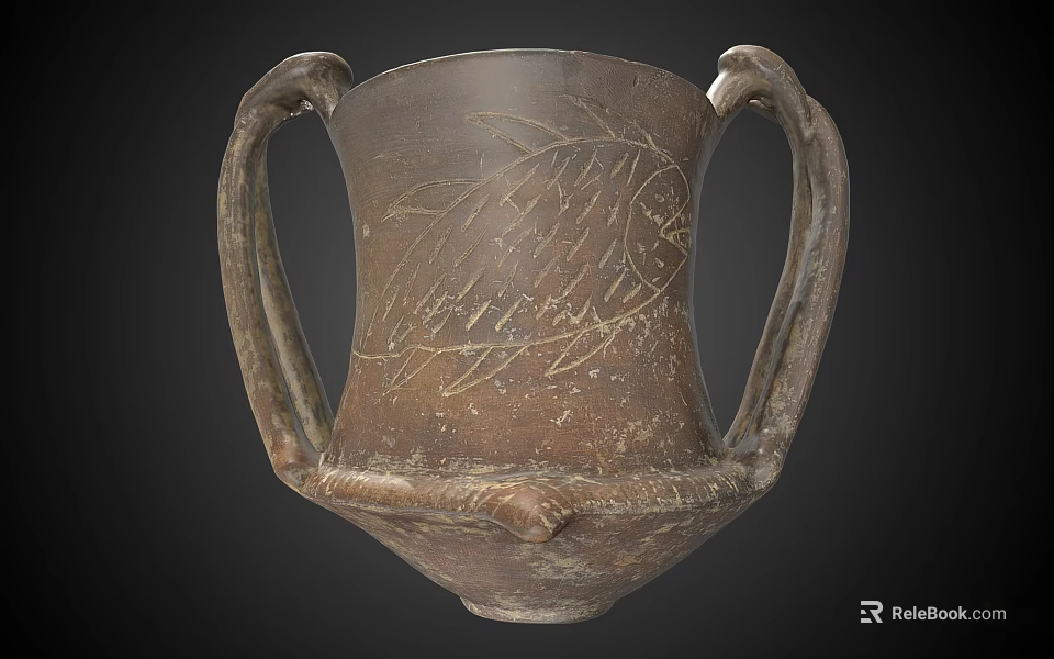 Handcrafted Brown Clay Ceramic Vessel With Two Handles And Carved Fish Design 3d model 