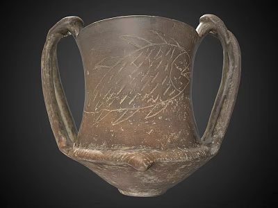 Handcrafted Brown Clay Ceramic Vessel With Two Handles And Carved Fish Design 3d model