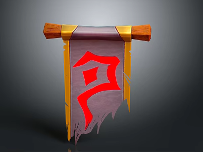 Fantasy Banner Decoration With Wooden Scrolls Purple Fabric Tattered Edges And Red Symbol 3d model