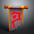 Fantasy Banner Decoration With Wooden Scrolls Purple Fabric Tattered Edges And Red Symbol