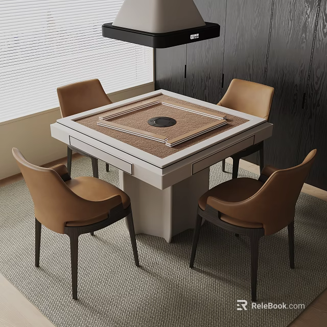 Square Entertainment Table With Round Center And Four Brown Chairs In Room Setting 3d model 