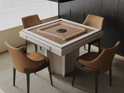Square Entertainment Table With Round Center And Four Brown Chairs In Room Setting 3d model