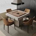 Square Entertainment Table With Round Center And Four Brown Chairs In Room Setting