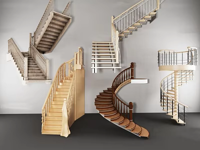 Various Modern Staircase Designs With Wooden Metal Handrails Straight Spiral Curved Types 3d model