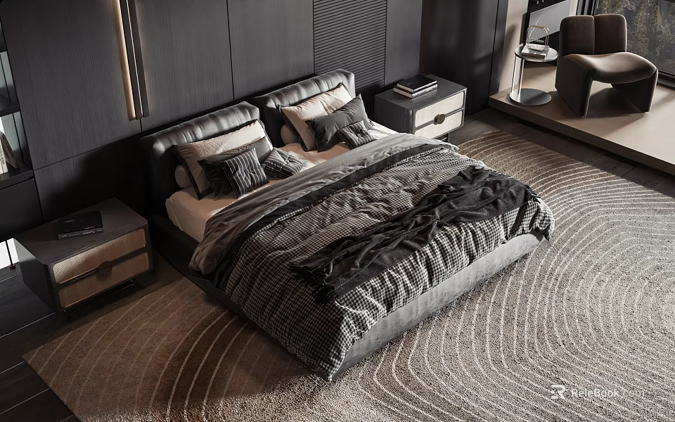 Modern Double Bed With Leather Headboard Gray Black Bedding Nightstands And Rug 3d model 