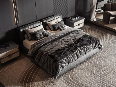 Modern Double Bed With Leather Headboard Gray Black Bedding Nightstands And Rug 3d model