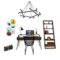Stylish Office Desk With Chair Lamp Laptop Wooden Bookshelf Hexagon Art And Chandelier