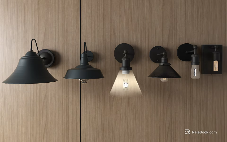 Modern Illuminated Black Wall Lamps With Various Designs On Wooden Wall 3d model 