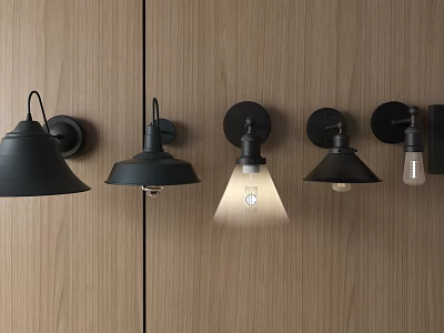 Modern Illuminated Black Wall Lamps With Various Designs On Wooden Wall 3d model