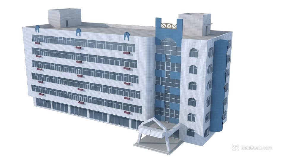 Modern Multi Storey Office Building With Blue And White Exterior Featuring Large Glass Windows 3d model 