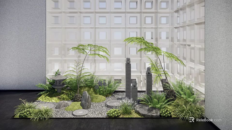 Zen Japanese Courtyard Garden with Green Plants Stone Lantern Moss and Grid Wall 3d model 