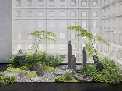 Zen Japanese Courtyard Garden with Green Plants Stone Lantern Moss and Grid Wall 3d model
