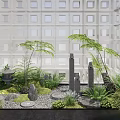 Zen Japanese Courtyard Garden with Green Plants Stone Lantern Moss and Grid Wall