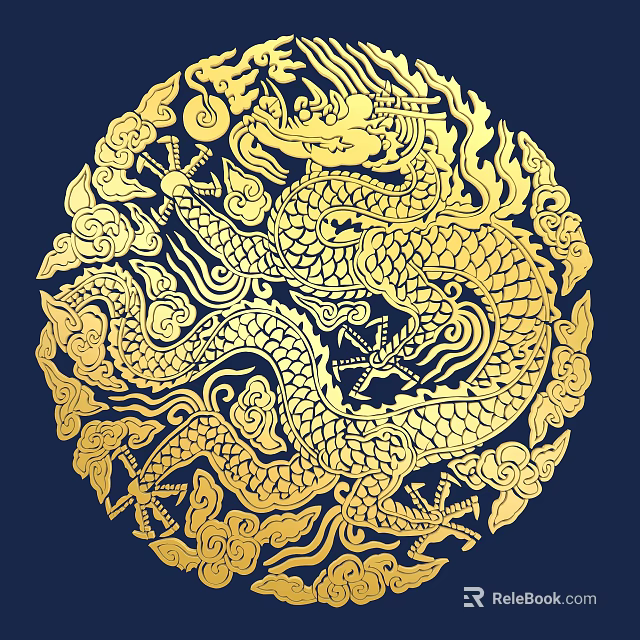 Golden Circular Dragon Carving With Intricate Cloud Patterns On Dark Blue Background 3d model 