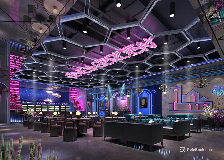 Modern Bar Interior Design With Neon Signs Hexagonal Ceiling And Purple Blue Lighting 3d model 