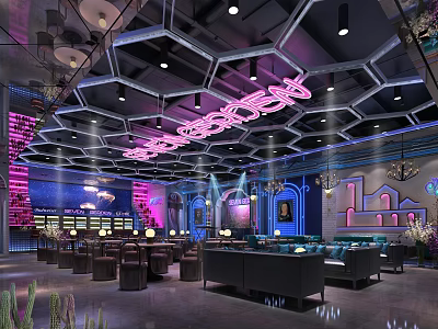 Modern Bar Interior Design With Neon Signs Hexagonal Ceiling And Purple Blue Lighting 3d model