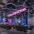Modern Bar Interior Design With Neon Signs Hexagonal Ceiling And Purple Blue Lighting