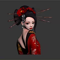 Traditional Japanese Woman In Red Kimono With Black Hair And Red Flower Hairpins