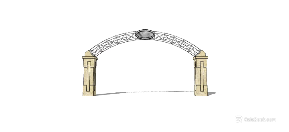 Arched Entrance Gate with Metal Frame Structure and Stone Pillars and Circular Emblem on Top 3d model 