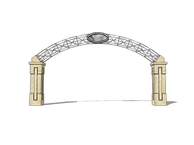 Arched Entrance Gate with Metal Frame Structure and Stone Pillars and Circular Emblem on Top 3d model