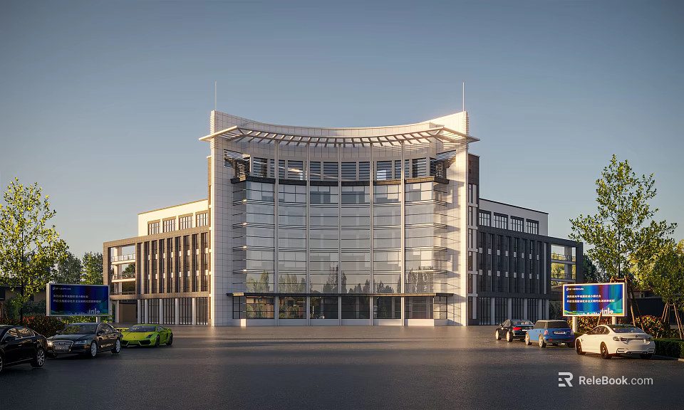 Modern Office Building With Glass Facade Curved Design And Vehicles On Road 3d model 