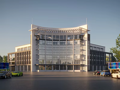 Modern Office Building With Glass Facade Curved Design And Vehicles On Road 3d model