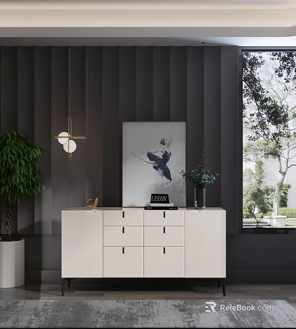 White Entryway Cabinet Sideboard With Drawers Decorative Items Green Plant By Window 3d model 