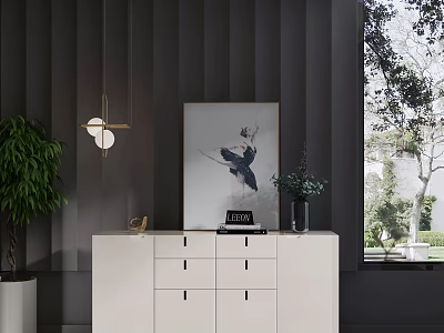 White Entryway Cabinet Sideboard With Drawers Decorative Items Green Plant By Window 3d model