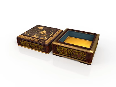 Decorative Storage Box With Ornate Carved Patterns Gold Accents And Blue Yellow Interior 3d model